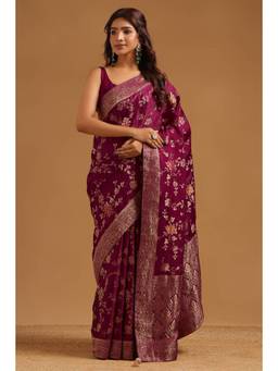 Soch - Women Wine Woven Satin Saree with Unstitched Blouse