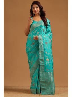 Soch - Women Blue Woven Satin Saree with Unstitched Blouse