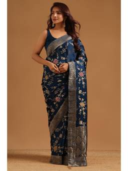Soch - Women Navy Blue Woven Satin Saree with Unstitched Blouse
