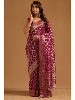 Soch - Women Wine Woven Silk Blend Saree with Unstitched Blouse