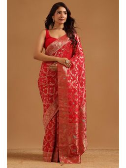Soch - Women Red Woven Silk Saree with Unstitched Blouse