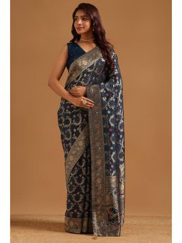 Soch - Women Navy Blue Woven Silk Saree with Unstitched Blouse