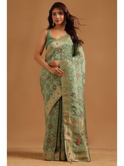 Soch - Women Olive Woven Silk Blend Saree with Unstitched Blouse