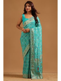 Soch - Women Blue Woven Silk Blend Saree with Unstitched Blouse