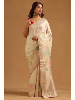 Soch - Women Cream Woven Satin Saree with Unstitched Blouse