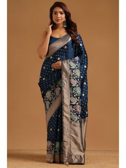 Soch - Women Navy Blue Woven Satin Saree with Unstitched Blouse