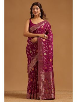 Soch - Women Wine Woven Crepe Saree with Unstitched Blouse