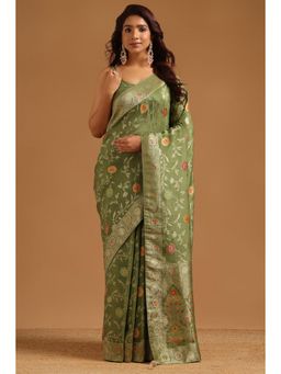 Soch - Women Olive Woven Crepe Saree with Unstitched Blouse
