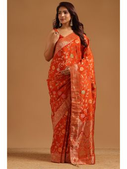 Soch - Women Orange Woven Crepe Saree with Unstitched Blouse