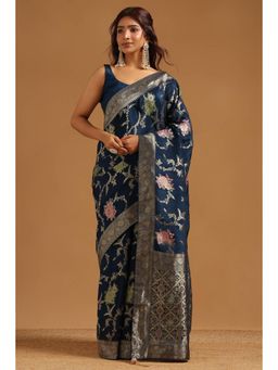 Soch - Women Navy Blue Woven Crepe Saree with Unstitched Blouse