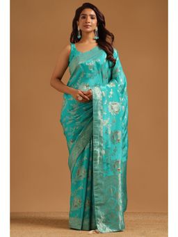 Soch - Women Blue Woven Satin Saree with Unstitched Blouse