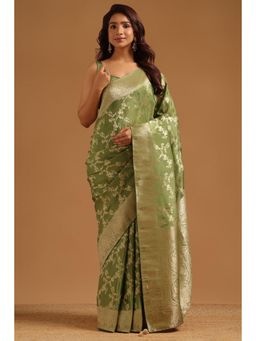 Soch - Women Olive Woven Crepe Saree with Unstitched Blouse