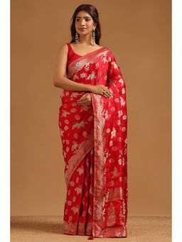 Soch - Women Red Woven Satin Saree with Unstitched Blouse