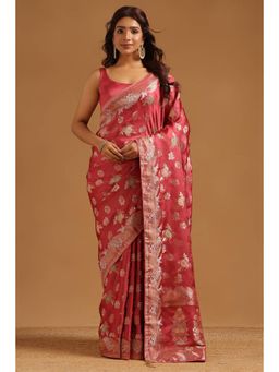 Soch - Women Pink Woven Satin Saree with Unstitched Blouse