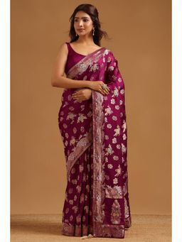 Soch - Women Wine Woven Satin Saree with Unstitched Blouse