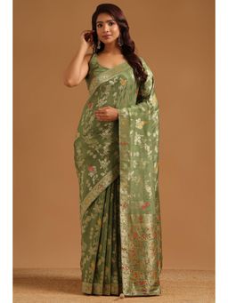 Soch - Women Olive Woven Crepe Saree with Unstitched Blouse