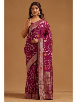Soch - Women Wine Woven Crepe Saree with Unstitched Blouse