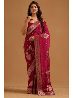 Soch - Women Wine Woven Crepe Saree with Unstitched Blouse