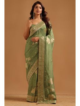 Soch - Women Olive Woven Crepe Saree with Unstitched Blouse