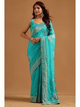 Soch - Women Blue Woven Crepe Saree with Unstitched Blouse