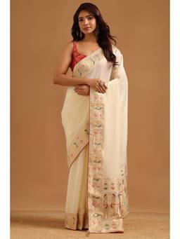 Soch - Women Cream Woven Satin Saree with Unstitched Blouse