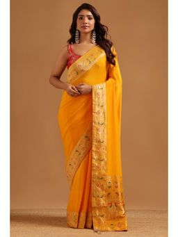 Soch - Women Yellow Woven Satin Saree with Unstitched Blouse