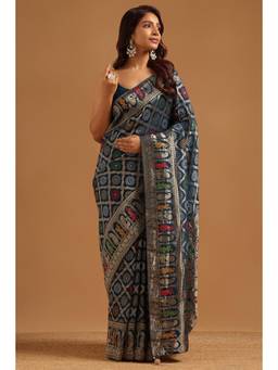 Soch - Women Navy Blue Woven Silk Saree with Unstitched Blouse