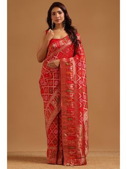 Soch - Women Red Woven Silk Blend Saree with Unstitched Blouse