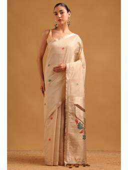 Soch - Women Beige Woven Chanderi Saree with Unstitched Blouse