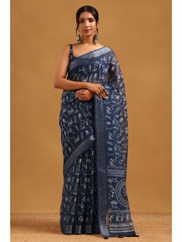 Soch - Women Indigo Printed Chanderi Saree with Unstitched Blouse