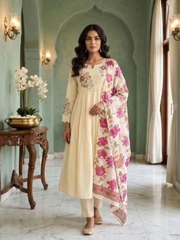 Autumnlane - Women Orange Floral Cotton Anarkali Kurta and Pant with Dupatta
