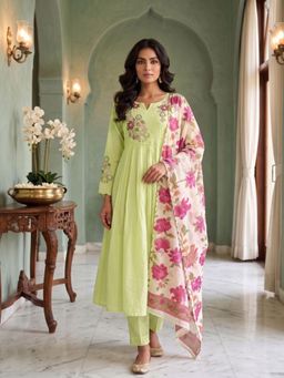 Autumnlane - Women Green Floral Cotton Anarkali Kurta and Pant with Dupatta