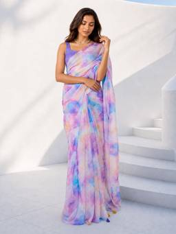 Vastramay - Women Multi-Color Printed Organza Saree with Unstitched Blouse