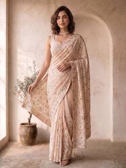 Vastramay - Women Beige Embroidered Georgette Saree with Unstitched Blouse