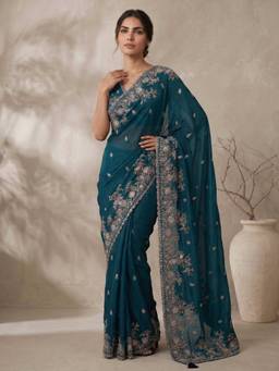 Vastramay - Women Turquoise Embroidered Poly Silk Saree with Unstitched Blouse