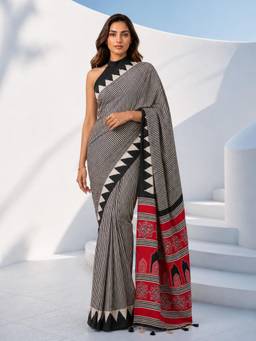 Vastramay - Women Black Printed Silk Blend Saree with Unstitched Blouse