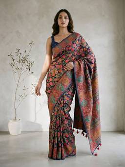 Vastramay - Women Navy Blue Printed Moonga Silk Saree with Unstitched Blouse