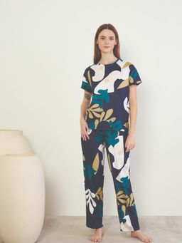 Sweet Dreams - Women Navy Blue Abstract Printed Top with Pyjama