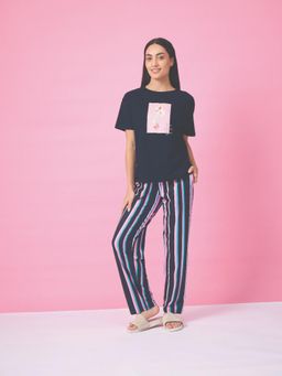 Sweet Dreams - Women Navy Blue Graphic Printed Top with Pyjama