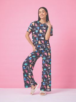 Sweet Dreams - Women Navy Blue Animal Printed Top with Pyjama