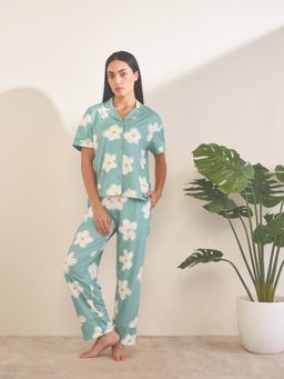 Sweet Dreams - Women Green floral Printed Front Open Top with Pyjama
