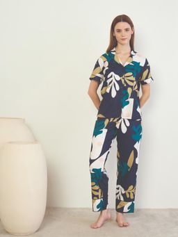 Sweet Dreams - Women Navy Blue Abstract Printed Front Open Top with Pyjama