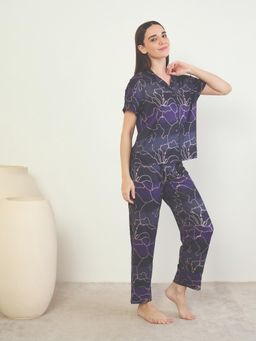 Sweet Dreams - Women Black floral Printed Front Open Top with Pyjama