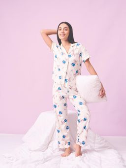 Sweet Dreams - Women Cream Animal Printed Front Open Top with Pyjama