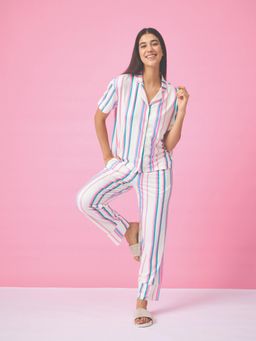 Sweet Dreams - Women White Striped Front Open Top with Pyjama