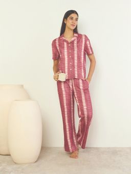 Sweet Dreams - Women Brown striped Front Open Top with Pyjama