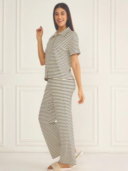 Sweet Dreams - Women Black Striped Front Open Top with Pyjama