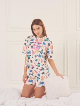 Sweet Dreams - Women Beige Cartoon Printed Top with Shorts