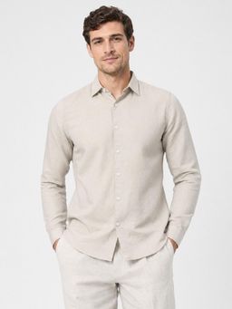 R&B - Beige Solid/Plain Casual Cotton Linen Shirt