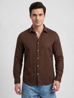 R&B - Brown Solid/Plain Casual Cotton Linen Shirt